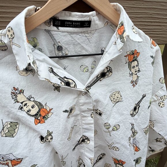 EUC Zara White Poplin Button Down Shirt Shirt with Latin-Themed Print - Picture 7 of 9